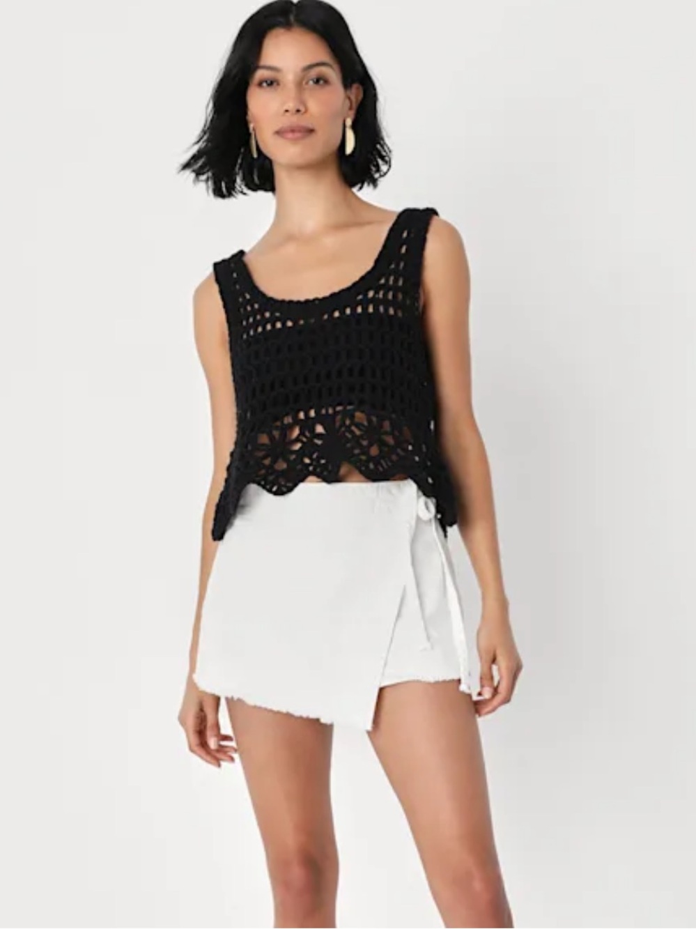 Lulu's Black Crochet Scallop Hem Top Medium